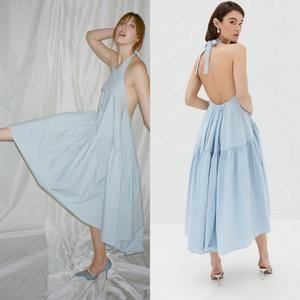 Light Blue Halter Midi Dress with Open Back